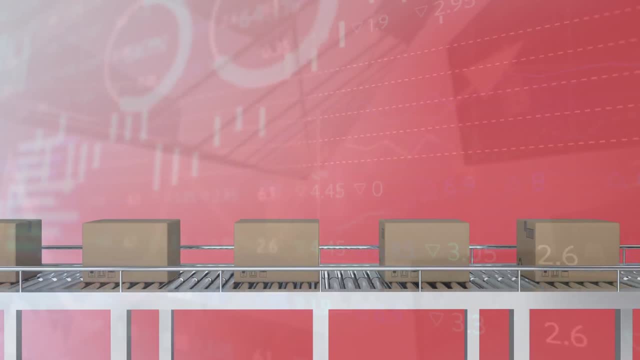 animación del procesamiento de datos sobre cajas en cinta transportadora