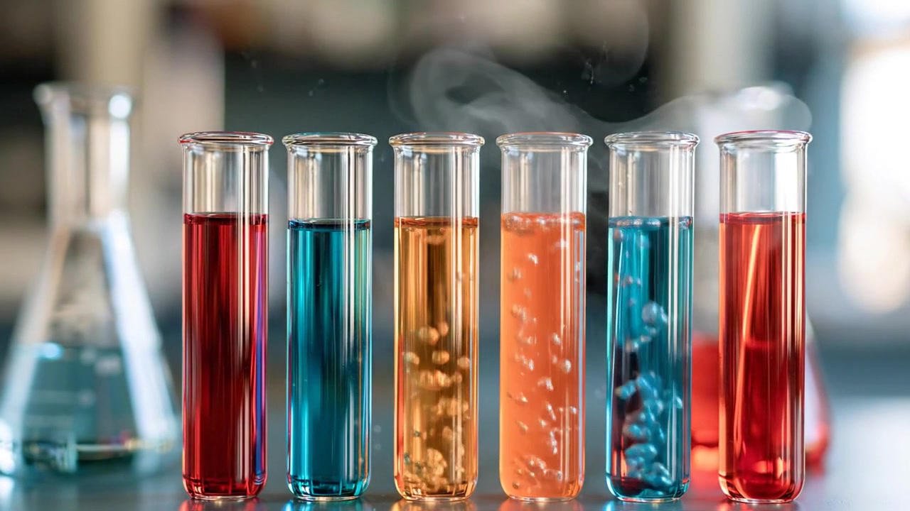 Rows of colorful test tubes containing liquid laboratory samples in detailed scientific footage