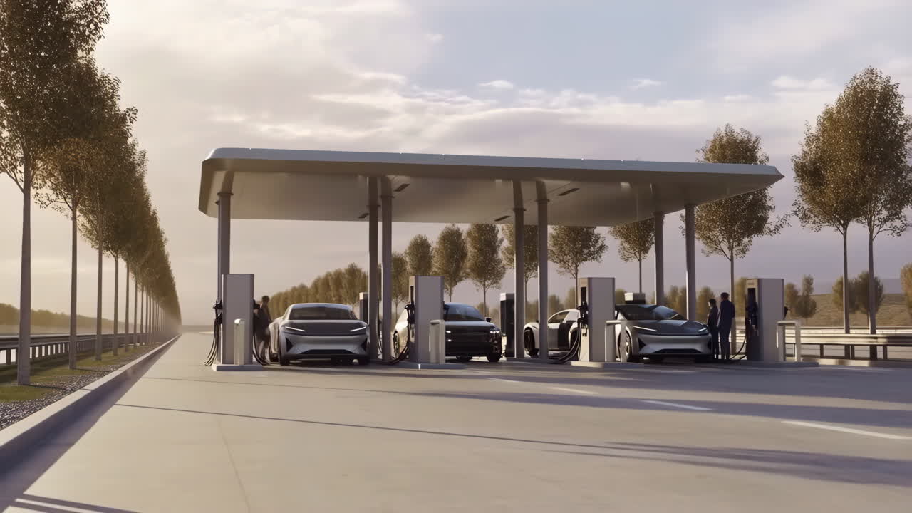 Modern Electric Vehicles Charging at a Scenic EV Station