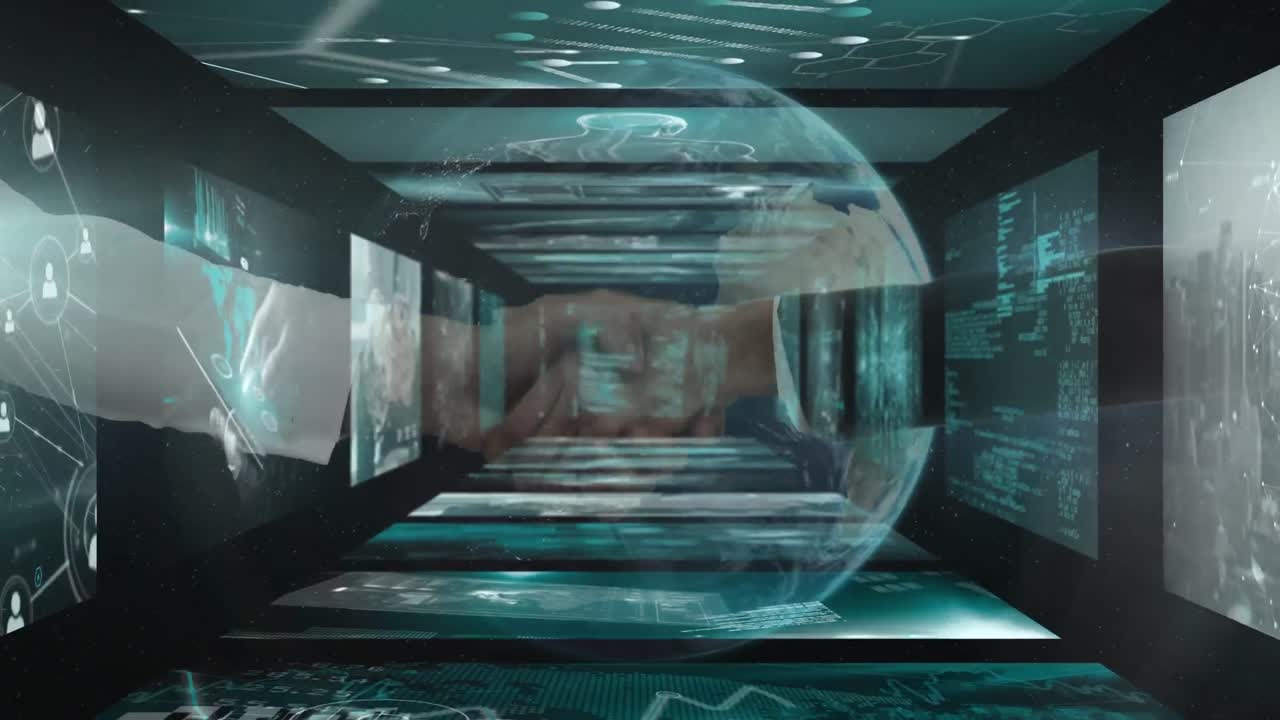 비즈니스맨과 비즈니스맨이 지구에 손을 흔들고 있는 중간 섹션에서 데이터 처리