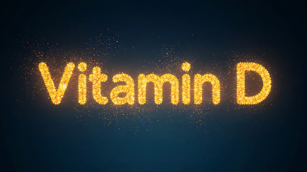 Clustering on start, gold dust forming Vitamin D letters on navy bg revealing title, emitting halo