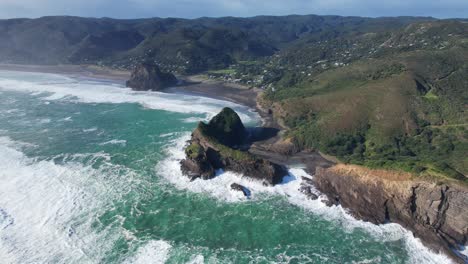 Beautiful-Piha-Beach-Near-Auckland-In-New-Zealand---Aerial-Drone-Shot