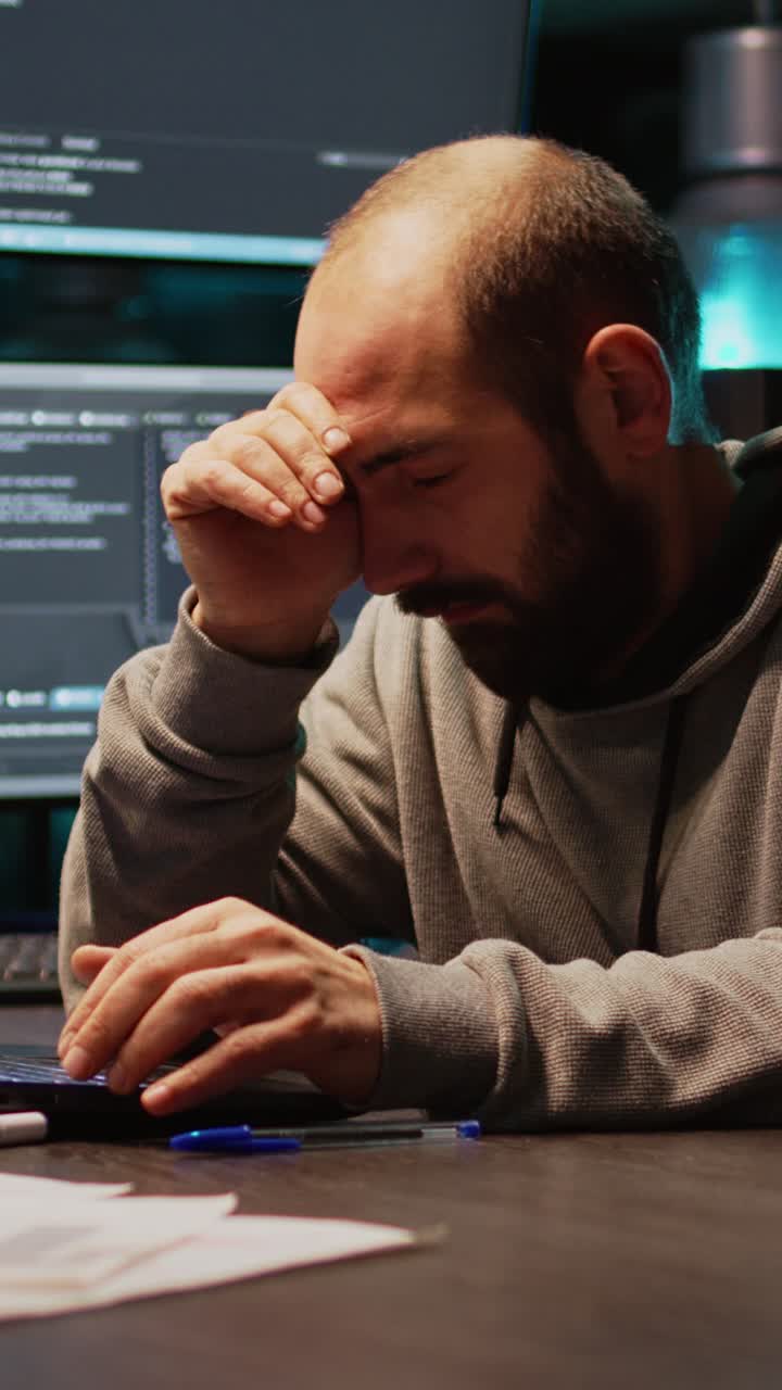 Vertical video: Male coder feeling sleepy and working on programming code