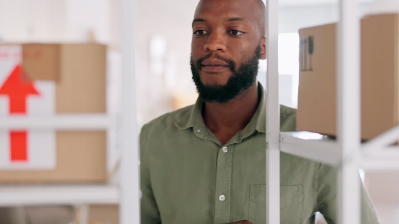 Black man, warehouse and box