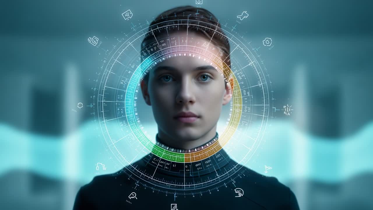 Appearing HUD scanning female in black turtleneck in lab for biometric scan, with cyan waveform