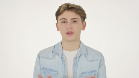 young man talking on online video chat on white background