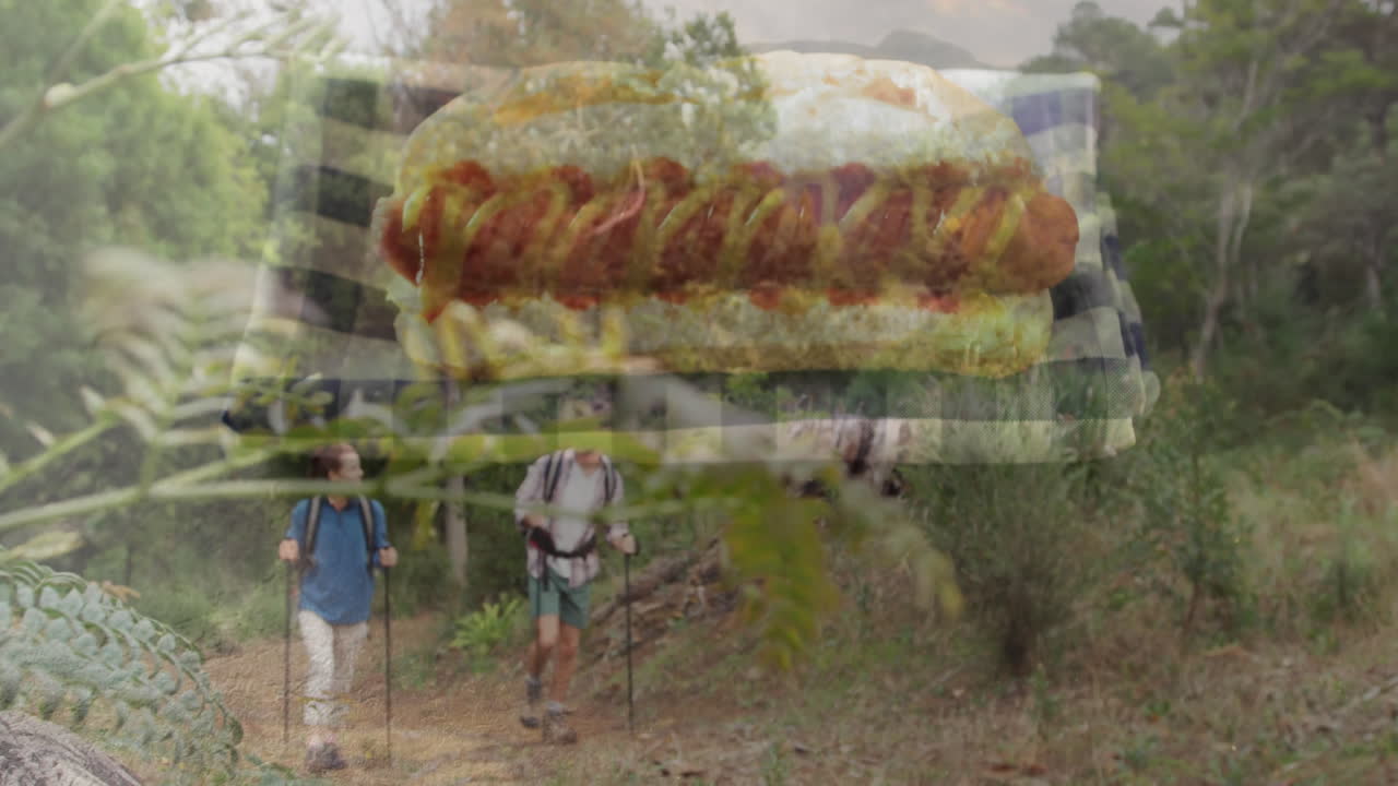 Hikers walking on forest trail with hot dog animation overlay