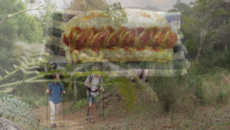 hikers walking on forest trail with hot dog animation overlay