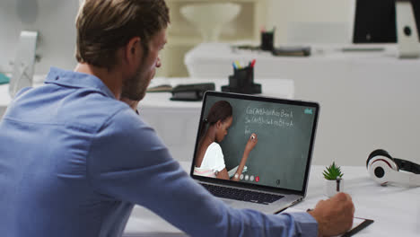 Caucasian-male-student-using-laptop-on-video-call-with-female-teacher