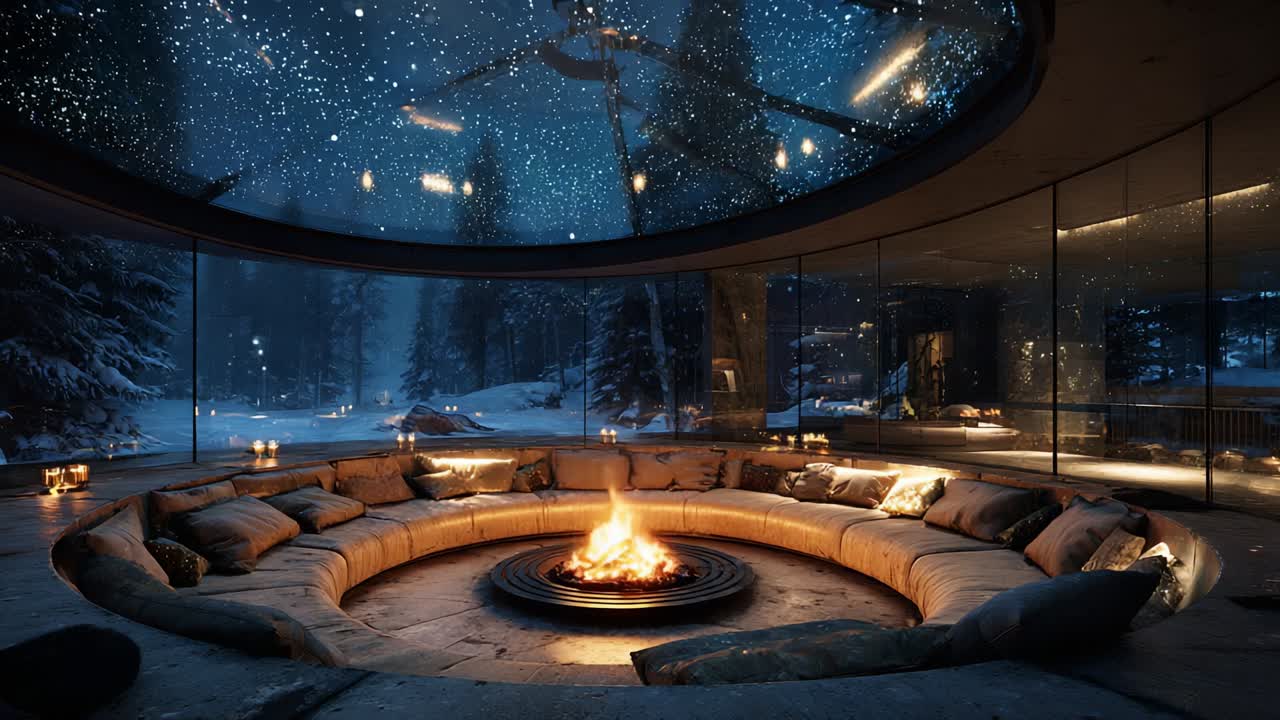 Cozy and Inviting Fire Pit Lounge Beneath a Starry Sky: A Perfect Retreat to Enjoy the Winter Nights Surrounded by Nature's Beauty and Comforting Warmth