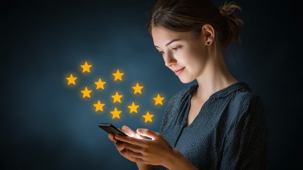 A young woman engaged with her smartphone, surrounded by glowing stars, depicting a modern era of digital interaction and connection through technology