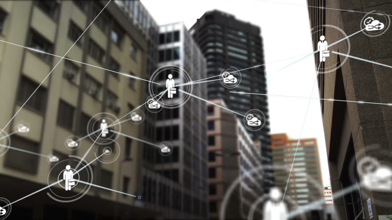 Conectores en movimiento sobre fondo de paisaje urbano