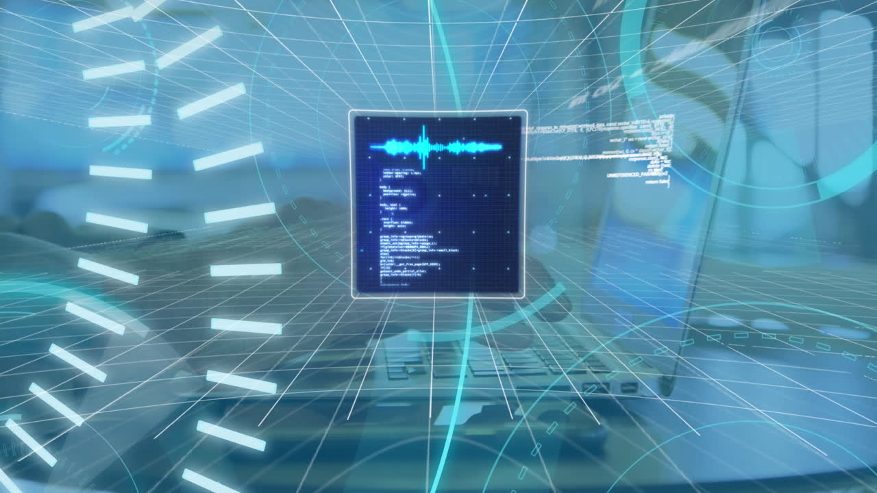 animación de texto 5g, lenguaje informático, interfaces infográficas, manos recortadas escribiendo en una computadora portátil.