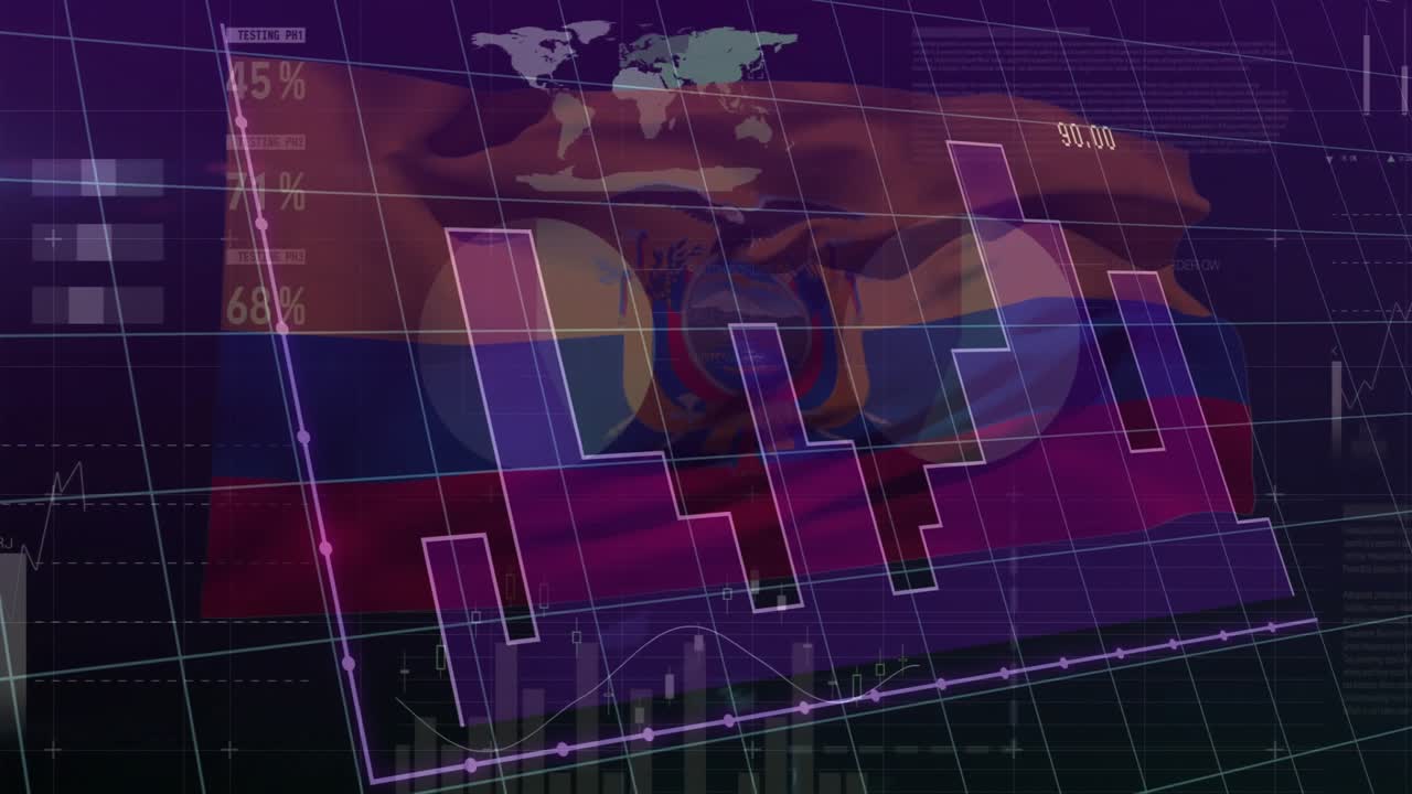 Griglia inclinata che fa sventolare la bandiera dell'Ecuador con grafici che si formano e una linea ascendente che visualizza i dati.