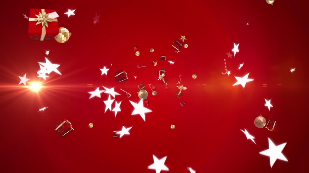 ⁇ 은 배경에 크리스마스 사탕 막대기, 선물 및 별의 애니메이션