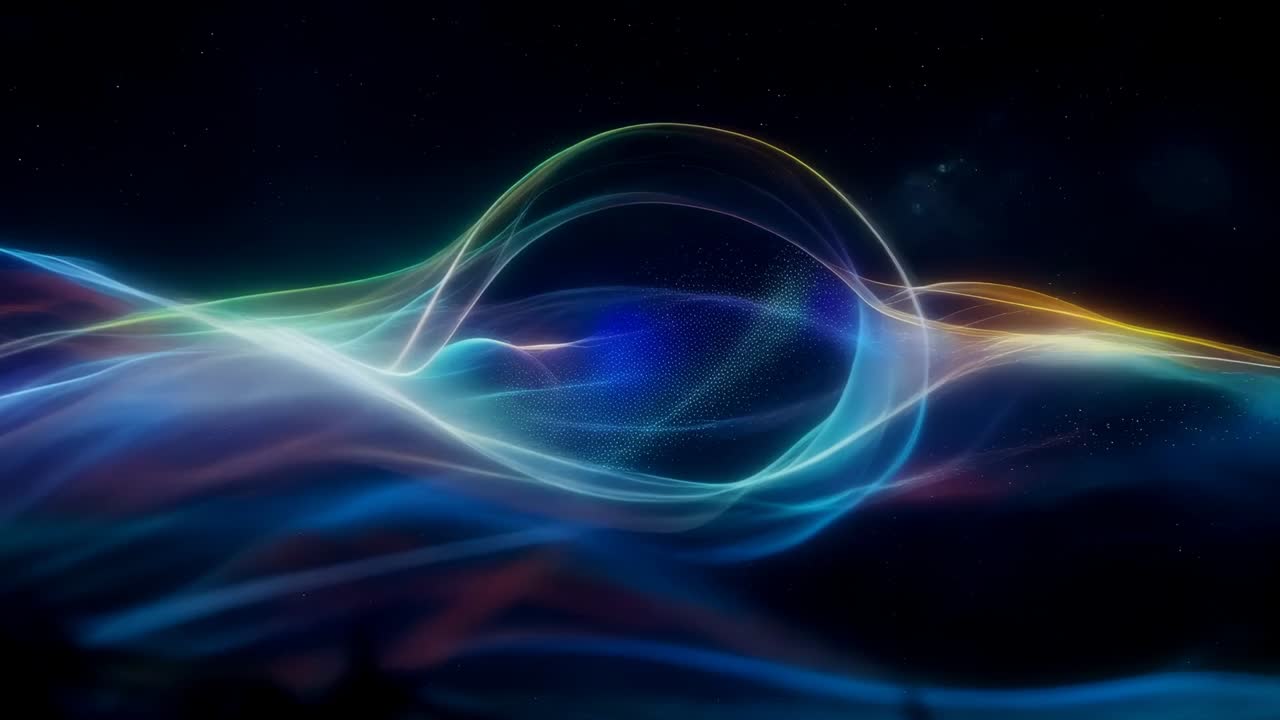Evolving luminous ribbons tracing wave and starting loop in dark starfield, with sparkles