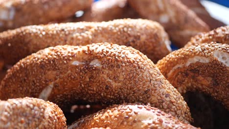 close-up view of a pile of turkish simit