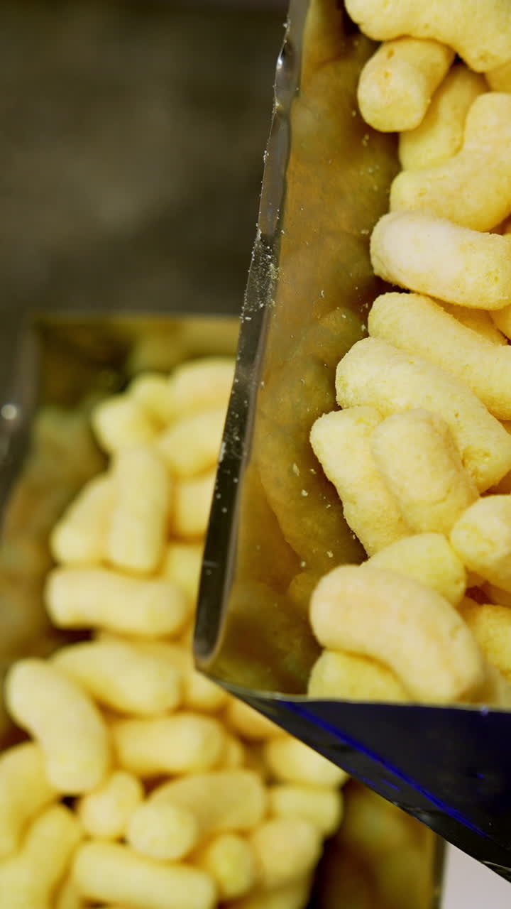 Automated process of sweet snacks production at food factory. Yellow corn sticks at conveyor belt. Close up. Vertical video