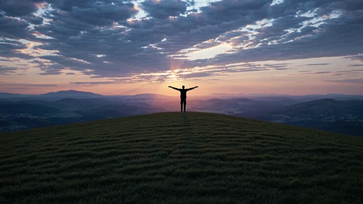 Aerial video shot of a person standing on a hilltop at sunrise, arms outstretched, capturing a sense