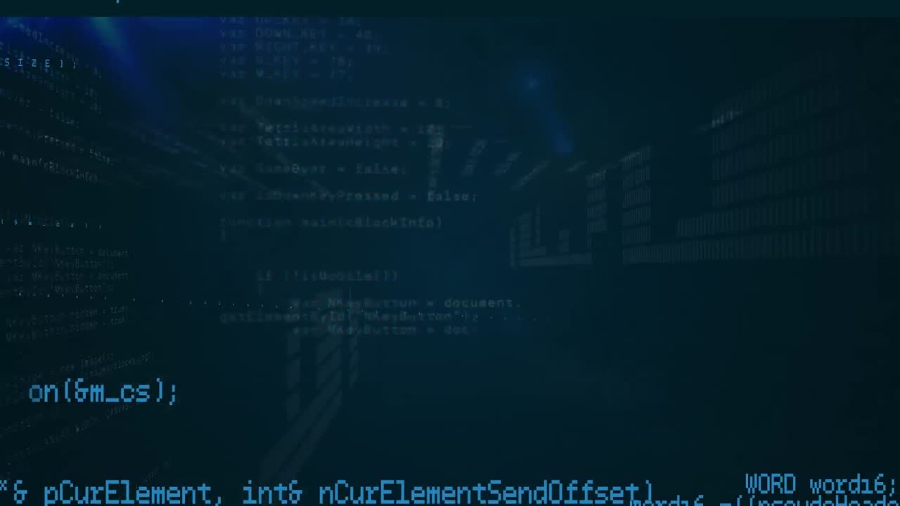 Animation of data processing and binary coding on blue background