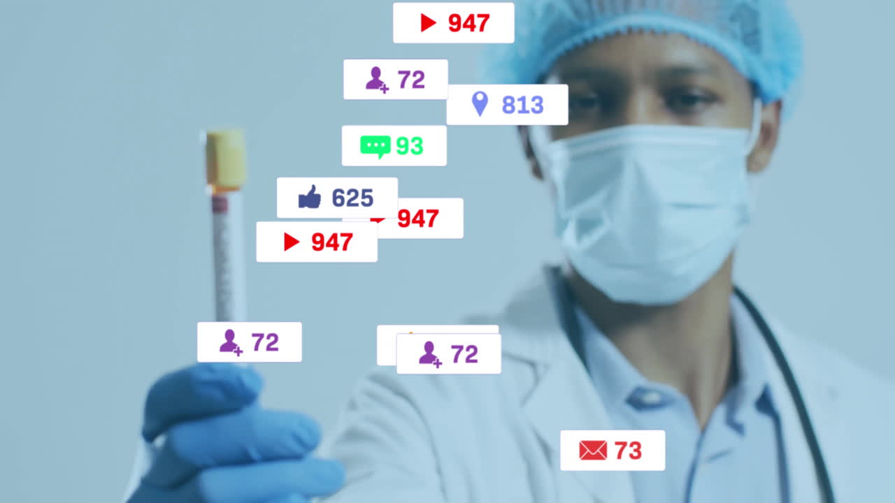 Male doctor examining test tube in medical lab, featuring floating social media icons
