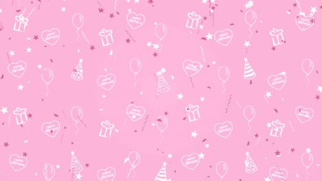 fondo abstracto feliz cumpleaños con globos, sombreros de fiesta y corazones