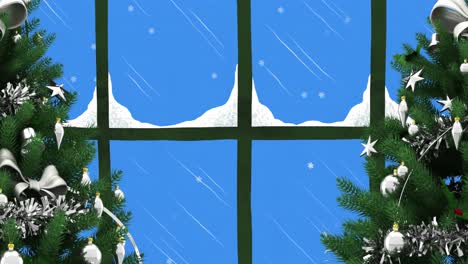 Animation-of-two-christmas-trees-and-snow-falling-seen-through-window