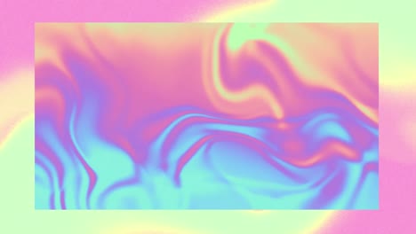 Animation-of-undulating-blue-and-orange-swirls-in-frame-of-blurred-pastel-yellow-and-pink