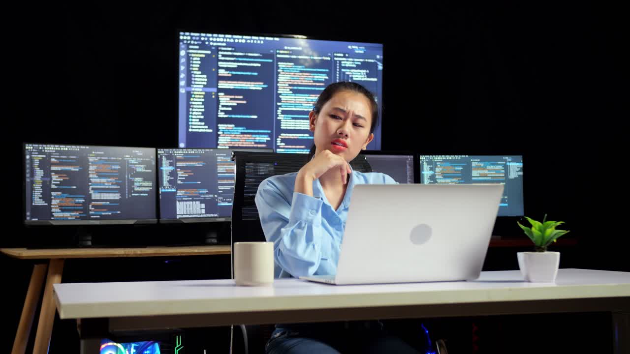 programadora asiática pensando en algo y levantando el dedo índice mientras escribe código en una computadora portátil usando múltiples monitores que muestran la base de datos en los escritorios de la oficina