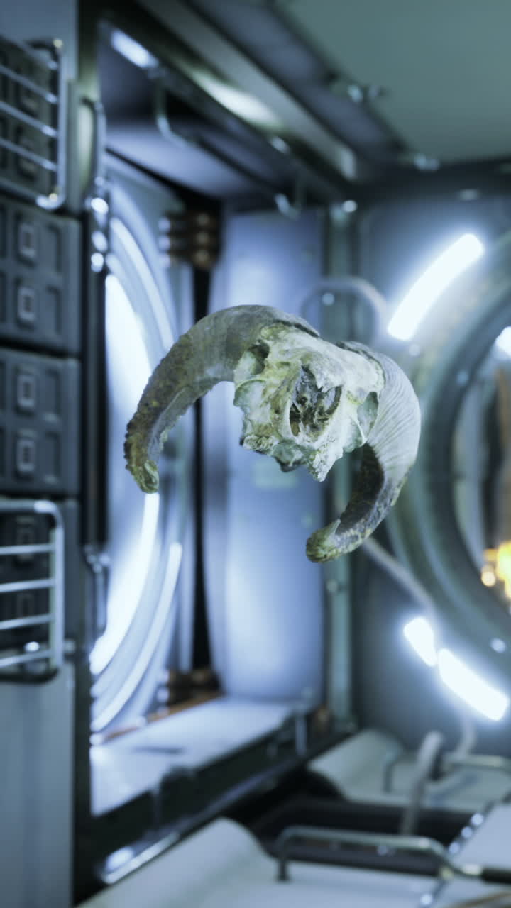 Ram skull suspended in futuristic interior with glowing elements