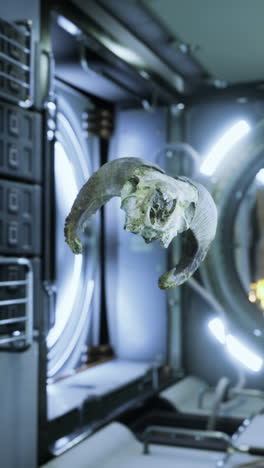 ram skull suspended in futuristic interior with glowing elements