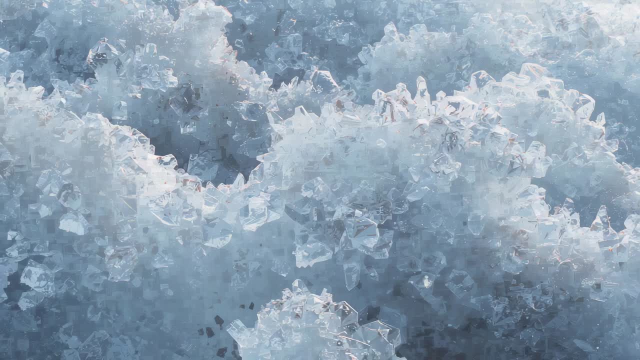 Shifting camera to reveal translucent crystals in macro view, showing rim-lit facets and droplets