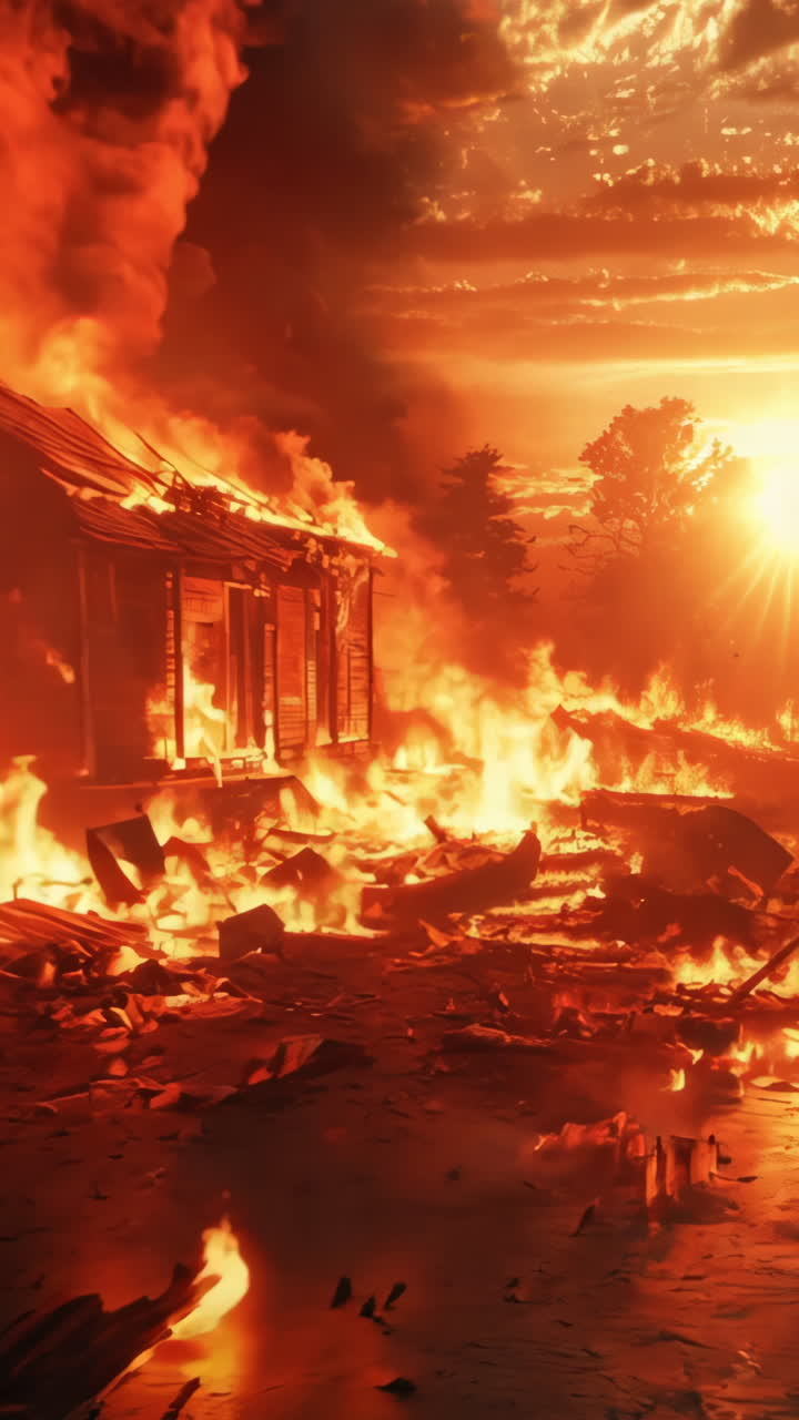 A fiery scene with a sunset in the background. The sky is filled with clouds and the sun is setting. The scene is set in a town with buildings on fire