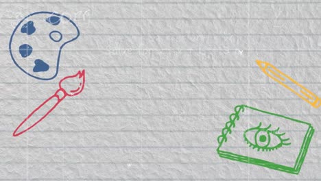 animación digital de iconos de conceptos escolares contra ecuaciones matemáticas en papel con líneas blancas