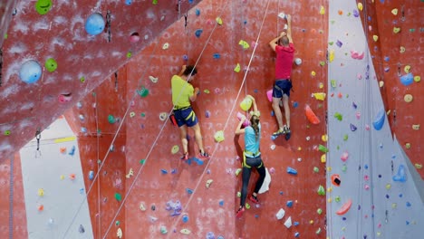 men and woman practicing rock climbing in fitness studio 4k