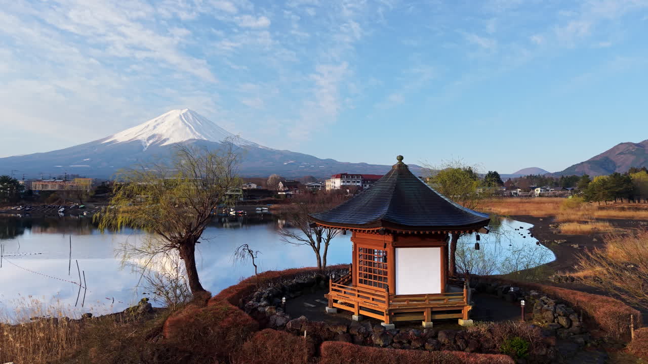 Aerial drone view of a temple with Mount Fuji on the background
