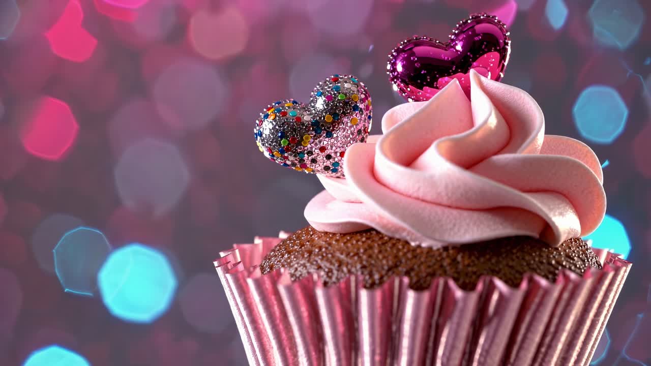 Cupcake with pink frosting and heart shaped decorations isolated on a vibrant, colorful bokeh background, creating a romantic and celebratory atmosphere