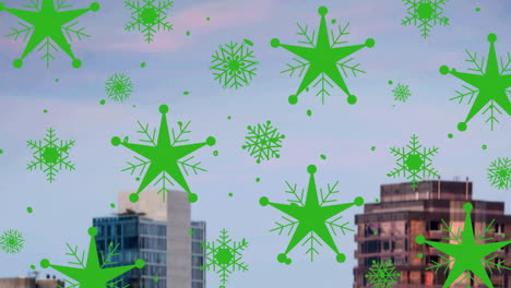 multiple star and snowflakes icons over spots falling against tall buildings in background