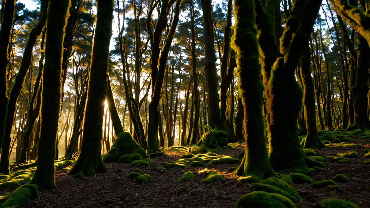 Sunlight filtering through a mossy forest