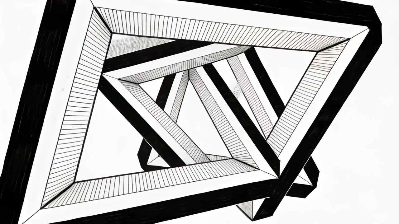 Telecamera in panoramica che rivela cornici triangolari di Penrose rotanti su carta bianca con facce nere tratteggiate.