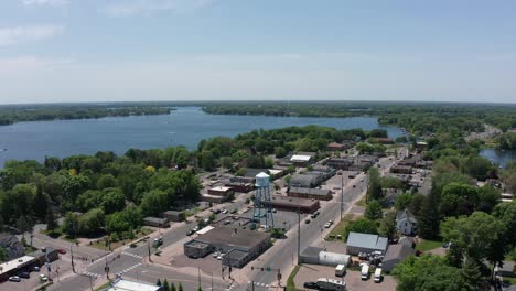 descending and panning aerial shot of downtown lindstrom, minnesota