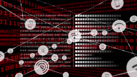 animación de la red de conexión con iconos sobre fondo rojo y negro con procesamiento de datos