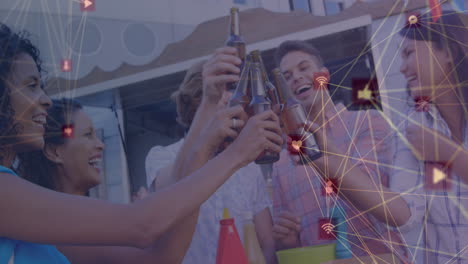 la animación compuesta digital muestra a amigos con cerveza vinculados por una red global de redes sociales.