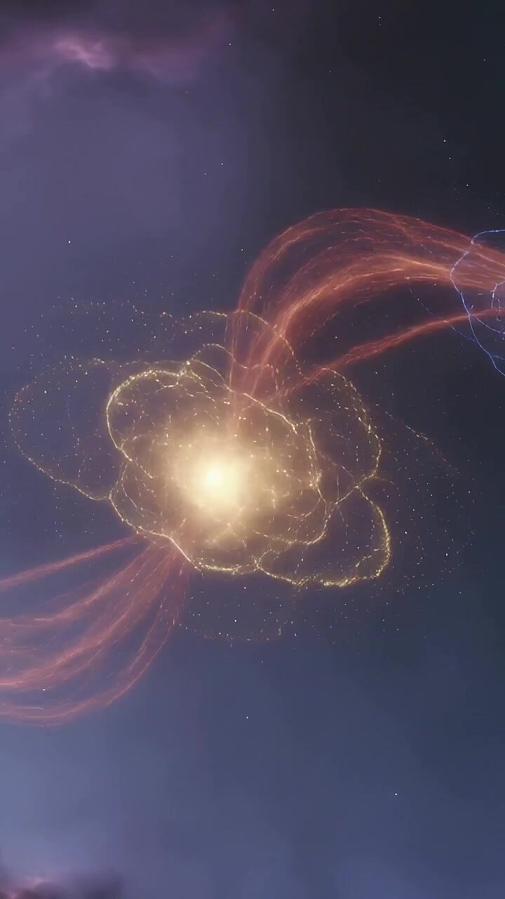 Vídeo vertical: Núcleo dourado em erupção liberando energia, formando uma concha rendada no espaço com fitas vermelhas