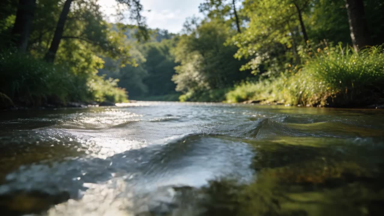 Increspatura che si alza e si muove verso la telecamera, ruscello poco profondo con riflessi del sole cangianti che mostrano ciottoli, per la natura.
