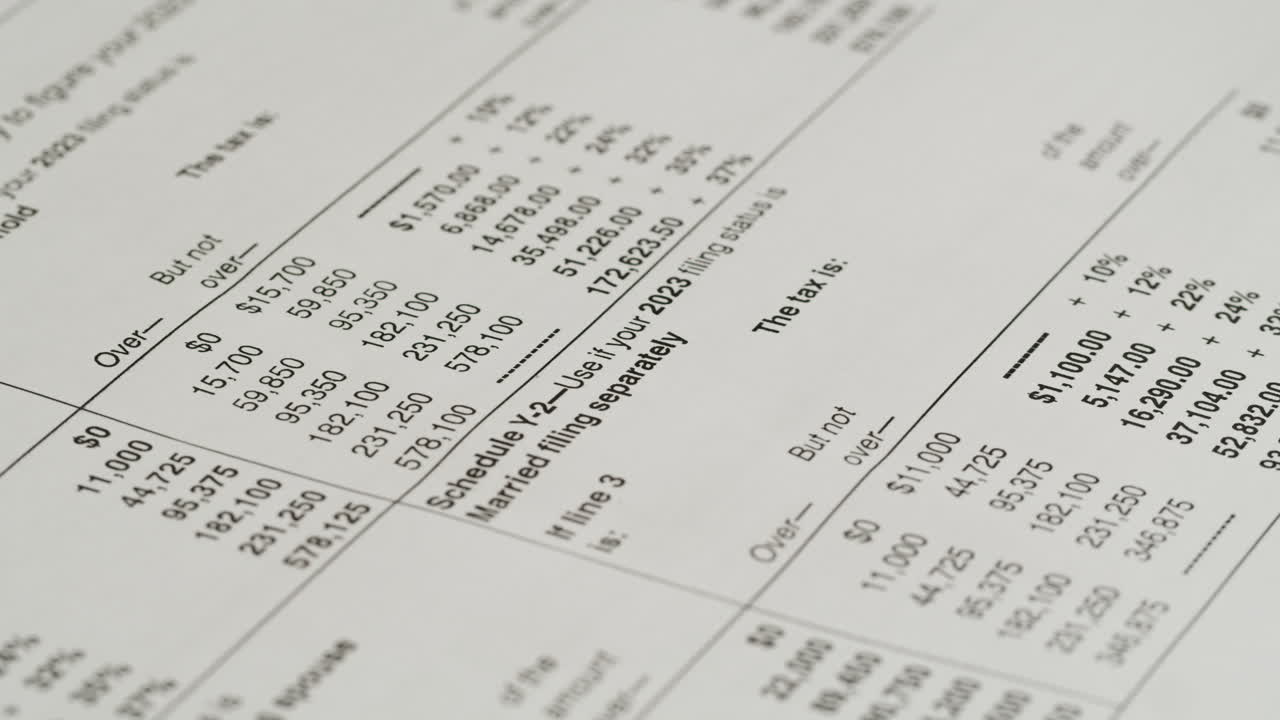 Close-up Pan of 2023 Tax Rate Schedules Document