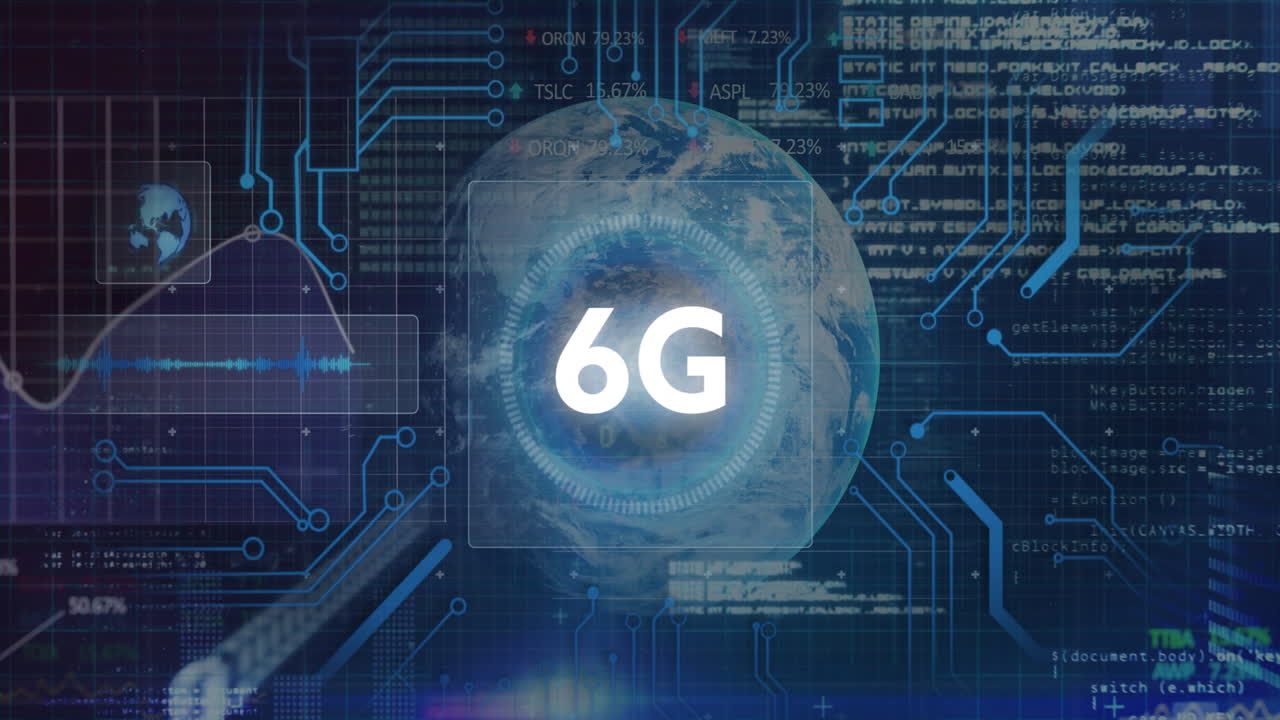 animación del procesamiento de datos con 6g sobre el globo sobre fondo negro