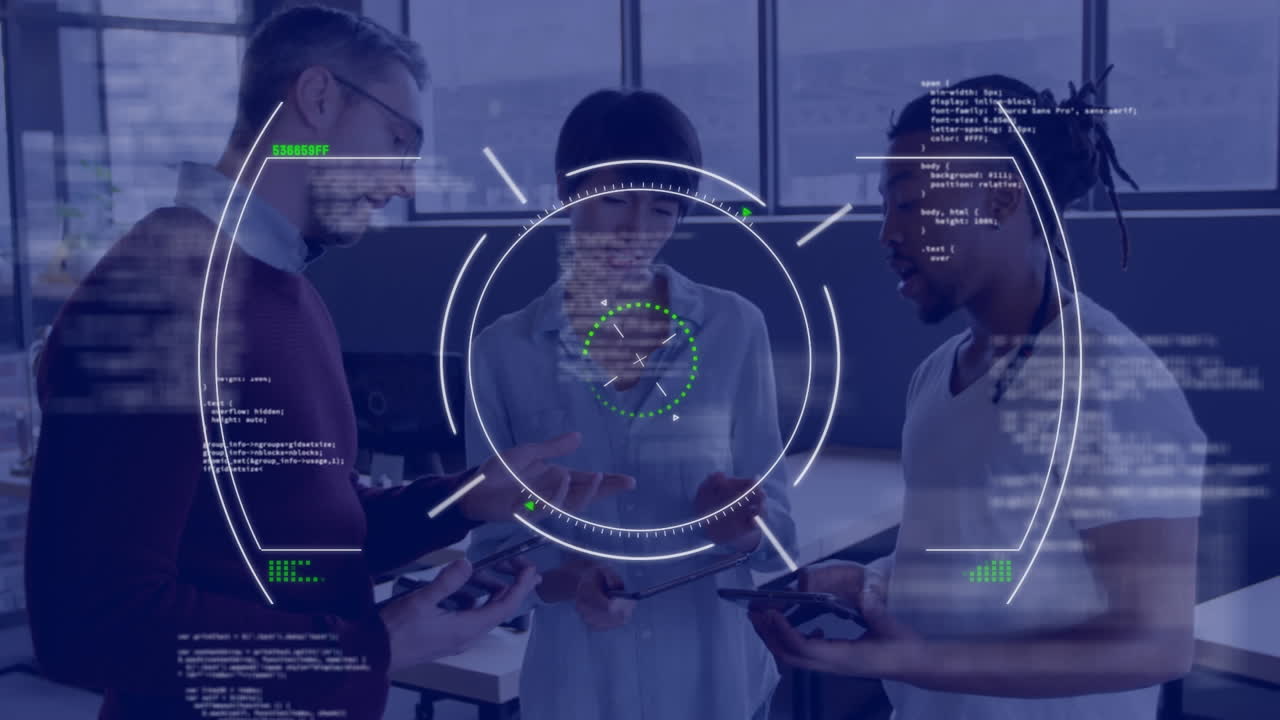 Animation of data processing and scope scanning over diverse business people using tablet