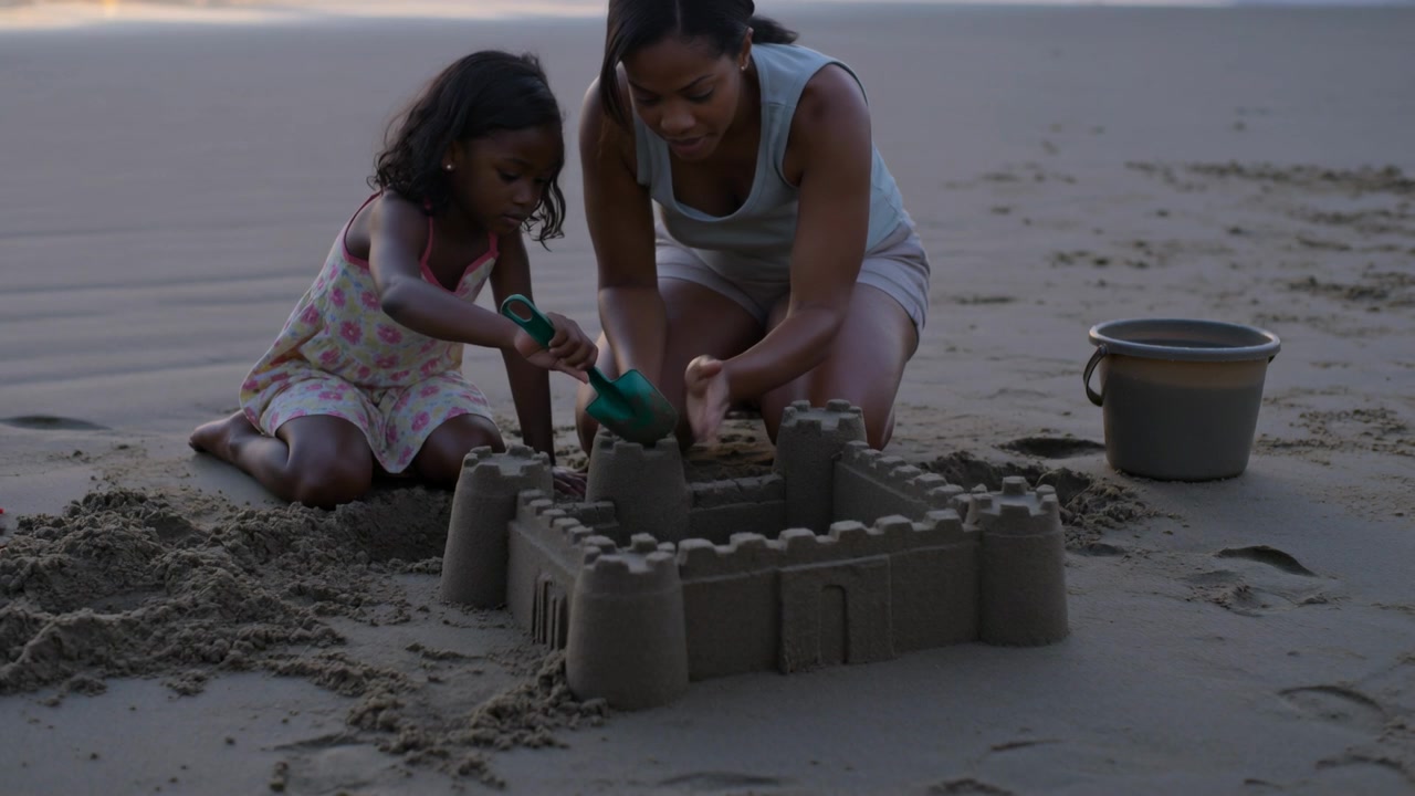Mãe e filha pegando areia com pá verde, moldando castelo de areia na praia com roupas casuais, com um balde.