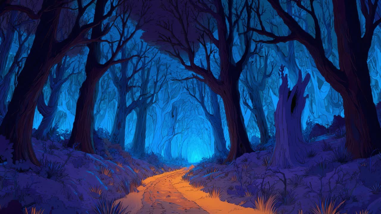 A Mysterious Path Through an Enigmatic Forest: Traversing the Otherworldly Landscape with Vivid Shades of Blue and Enchanting Hues Illuminating the Scene